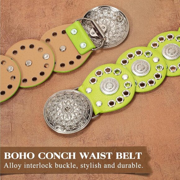 Women Vintage Disc Waist Concho Leather Belt Boho Waist Belt Light Green Silver - Picture 3 of 7